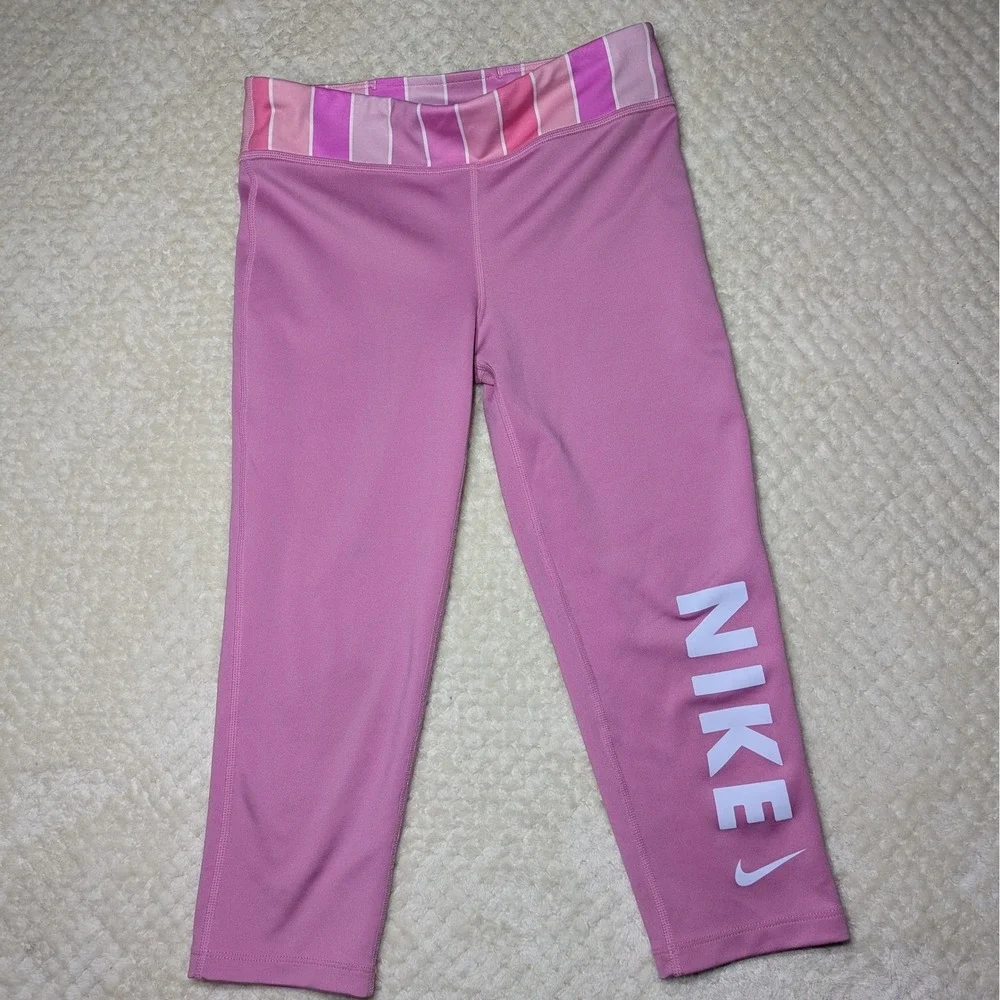 Nike Dri-Fit Cropped Leggings‎ Pink Stripe Waistband | Girls Youth M
